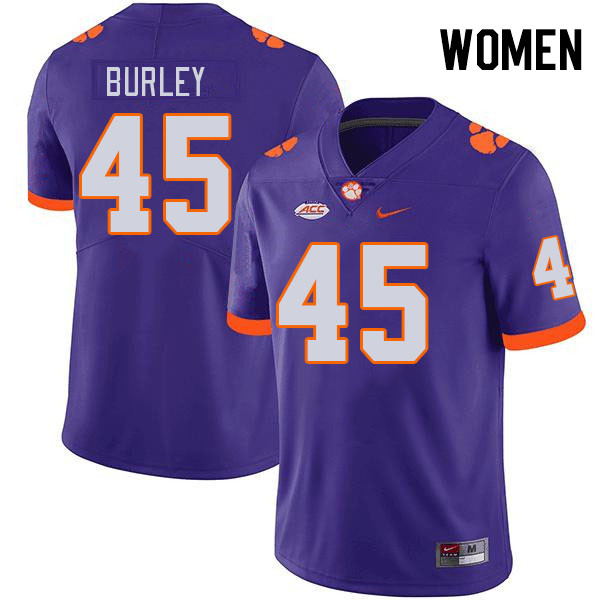 Women's Clemson Tigers Vic Burley #45 College Purple NCAA Authentic Football Stitched Jersey 23SO30YZ
